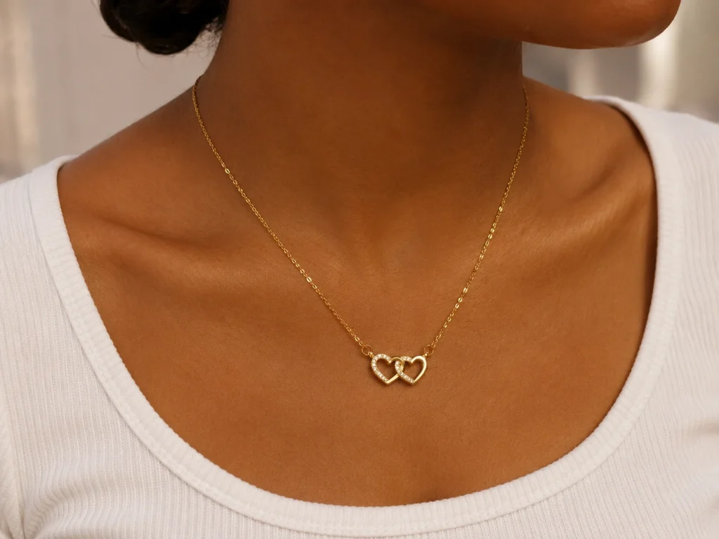 Collier Double Cœurs Entrelacés - collier femme en acier inoxydable 304 plaqué or 18 carats — vue 2