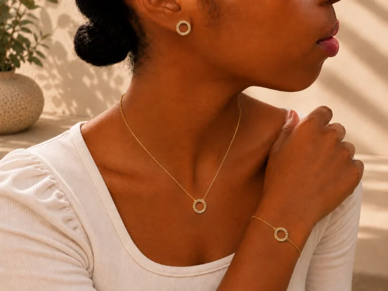 Ensemble Cercles Scintillants – parure acier inoxydable 316 plaqué or 18 carats