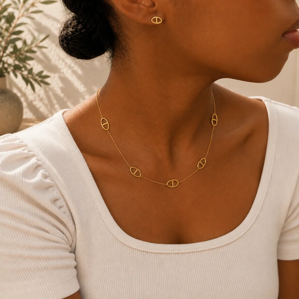 Ensemble Collier & Boucles Maillons - parure bijoux en acier inoxydable 304 plaqué or 18K — vue 2