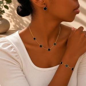 Ensemble Fleurs Noires - Parures bijoux en alliage plaqué or