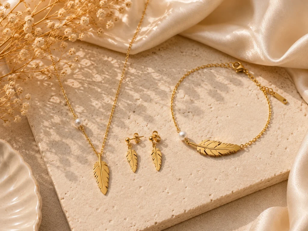 Ensemble Motif Plume - parure acier inoxydable 316 plaqué or 18 carats — vue 2