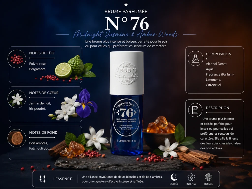 Ingrédients — Body Philosophy N°76 Velvet Rose & Sandalwood - brume floral 90 ML