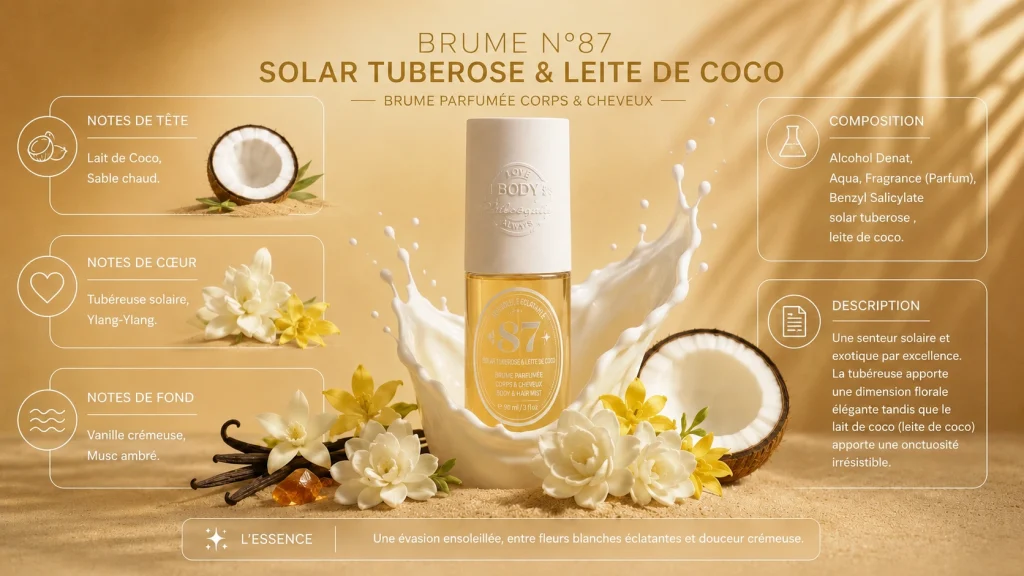 Ingrédients — Body Philosophy N°87 Solar Tuberose & Leite de Coco — brume solaire 90 ML