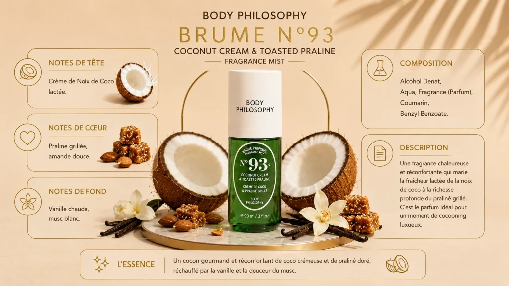 Ingrédients — Body Philosophy N°93 Coconut Cream & Toasted Praline - brume - 90 ML