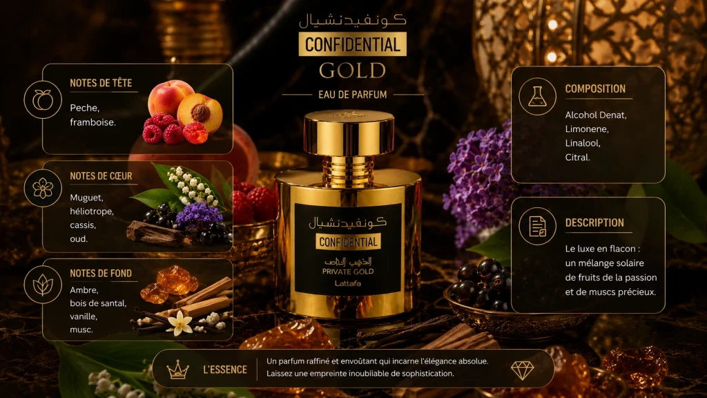 Ingrédients — Confidential Gold Lattafa - eau de parfum oriental 100 ML