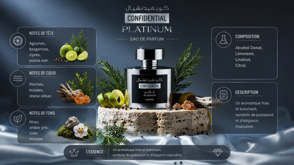 Ingrédients — Confidential Platinum Lattafa - eau de parfum oriental 100 ML