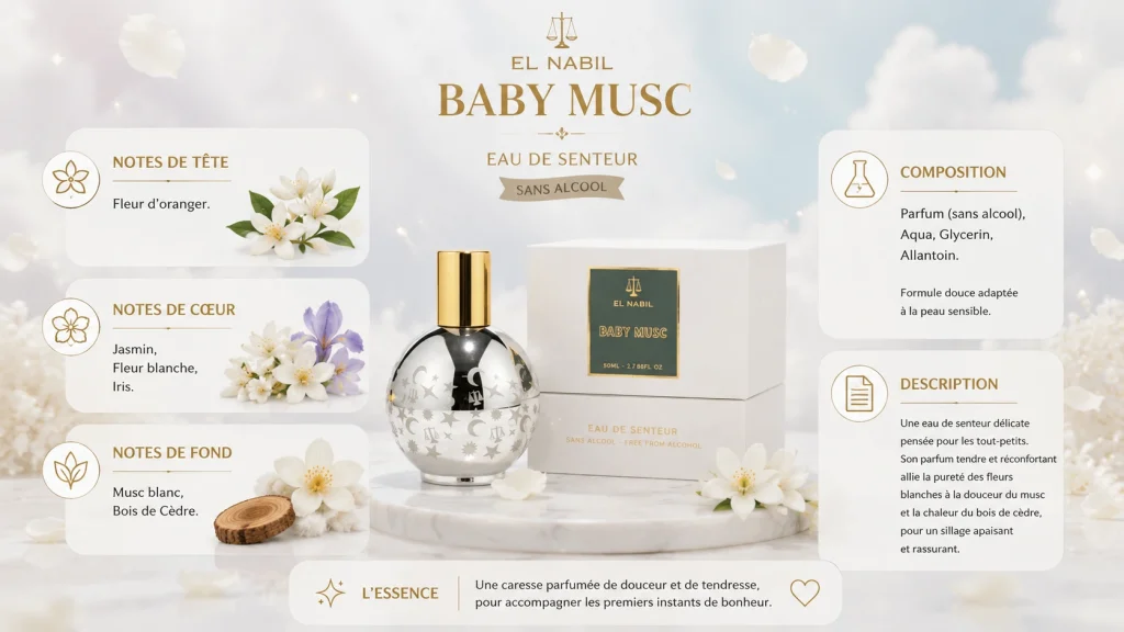 Ingrédients — El Nabil Musc Baby - Eau de senteur enfant floral 80 ML