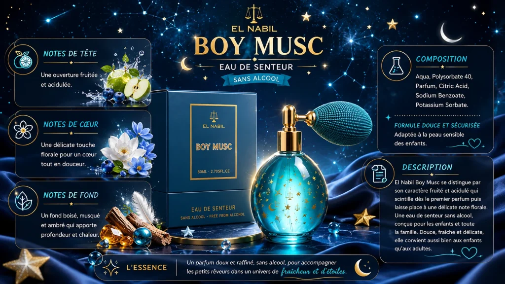 Ingrédients — El Nabil Musc Boy - Eau de senteur enfant fruité 80 ML