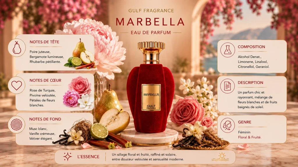 Ingrédients — Gulf Fragrance Marbella - Extrait de parfum floral 100 ML