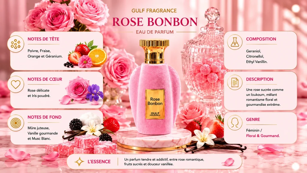 Ingrédients — Gulf Fragrance Rose Bonbon - Extrait de parfum gourmand 100 ML