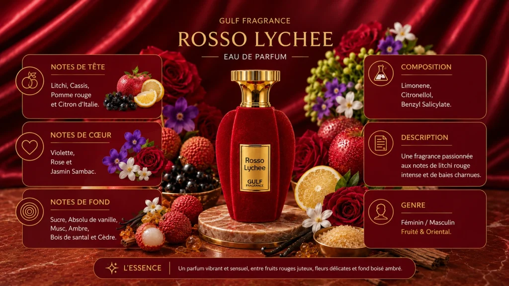 Ingrédients — Gulf Fragrance Rosso Lychee - Extrait de parfum fruité 100 ML