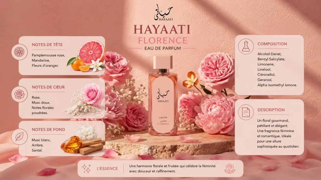 Ingrédients — Hayaati Florence Lattafa- eau de parfum floral 100 ML