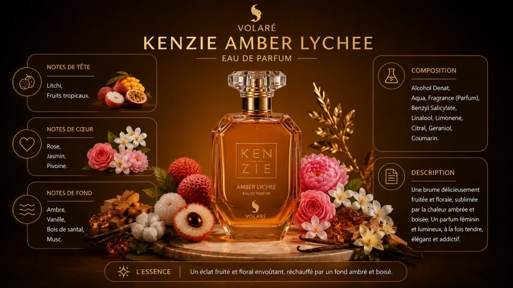 Ingrédients — Kenzie Volaré Amber Lychee - eau de parfum fruité 100 ML