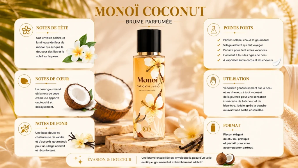 Ingrédients — Monoï CP Coconut - brume solaire 250 ML