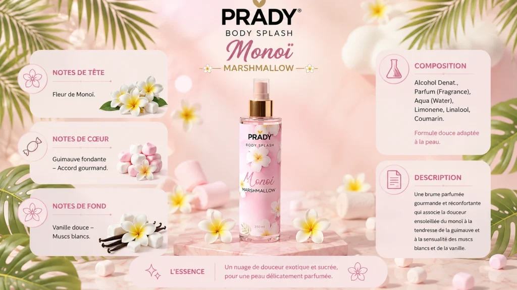 Ingrédients — Monoï Prady Marshmallow - brume gourmand 250 ML