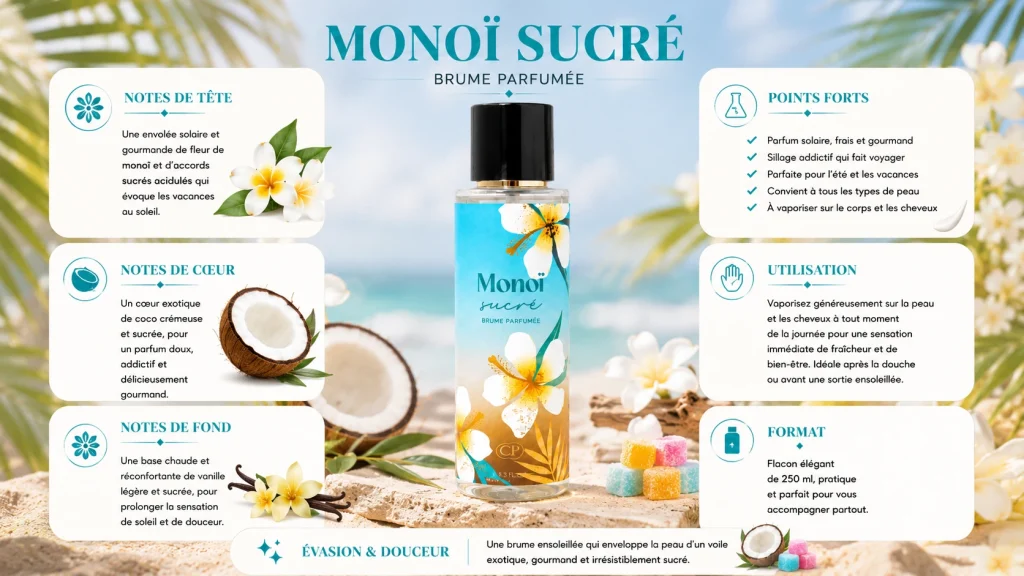 Ingrédients — Monoï CP Sucré - brume solaire 250 ML