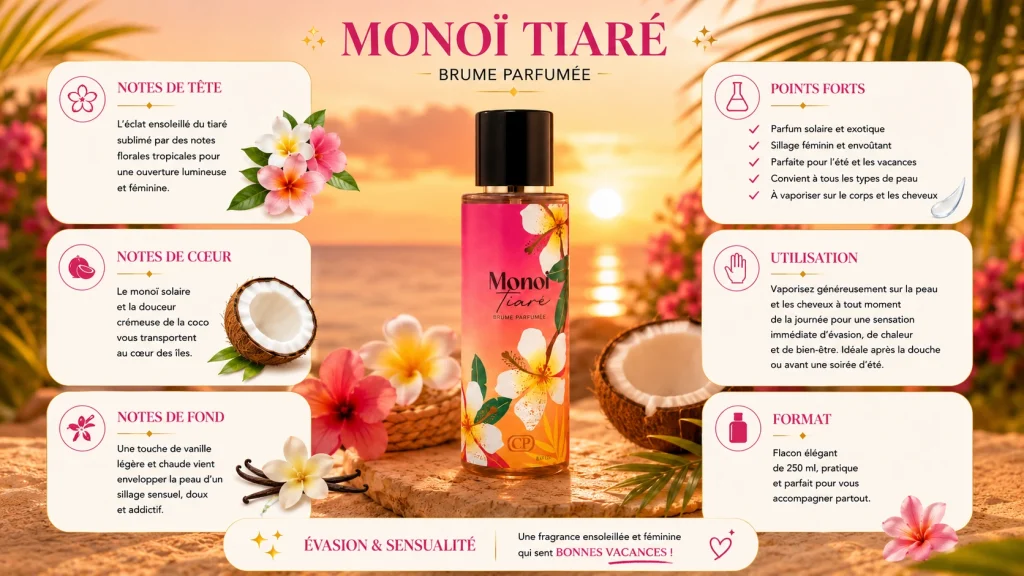 Ingrédients — Monoï CP Tiaré - brume solaire 250 ML
