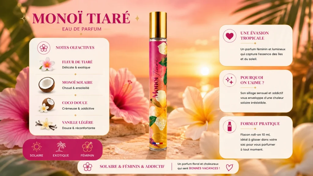 Ingrédients — Monoï CP Tiaré - eau de parfum solaire 35 ML