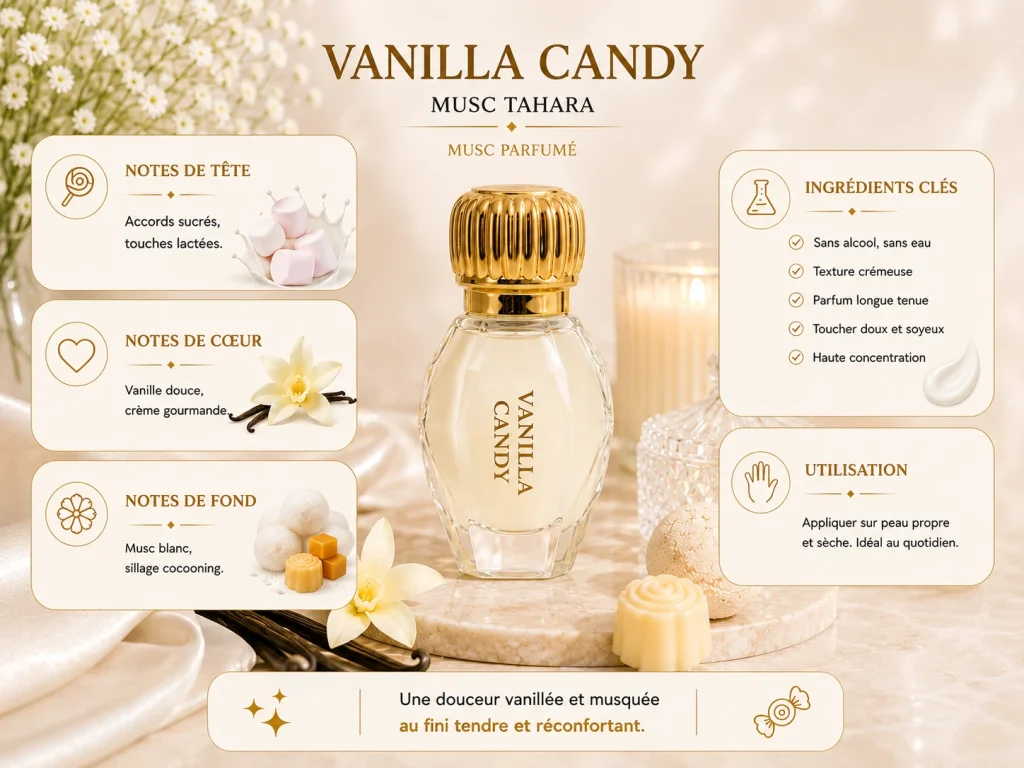 Ingrédients — Musc Tahara Vanilla Candy - soin corps gourmand 12 ML