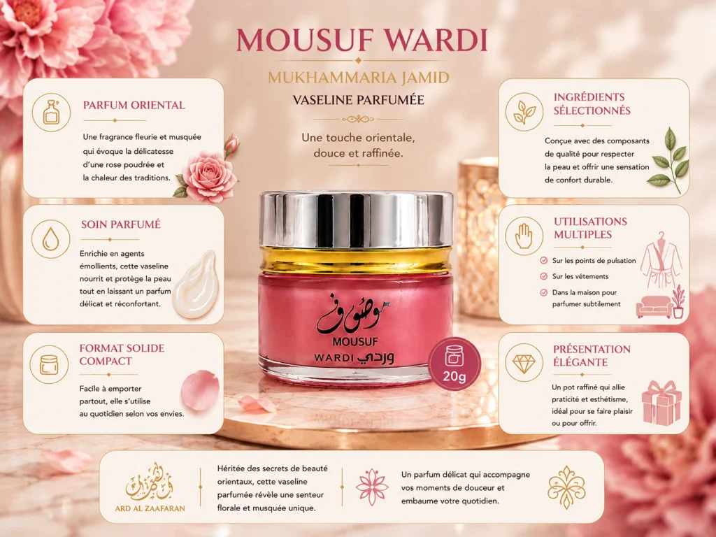 Ingrédients — Vaseline Mousuf Wardi - soins corps floral 20 G