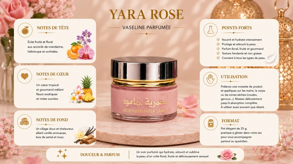 Ingrédients — Vaseline Yara Rose - soins corps floral 20 G