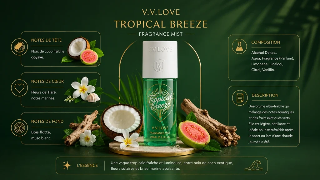 Ingrédients — V.V. Love Tropical Breeze - brume solaire 150 ML